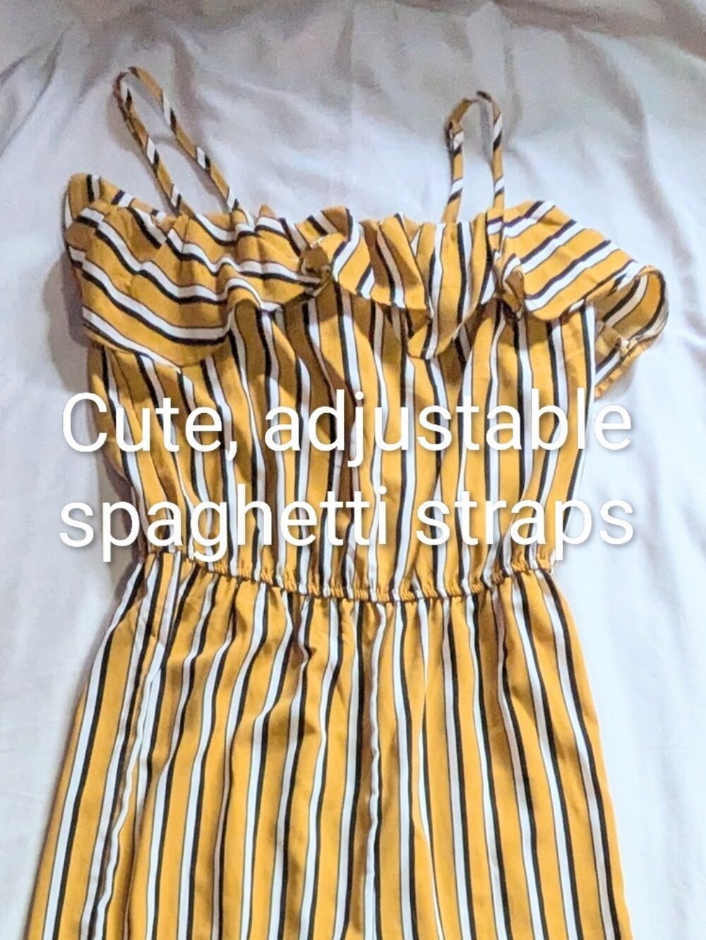 Size Small Bluenotes EUC Yellow White Striped Wide Leg Ruffle Jumpsuit Romper - Picture 5 of 14